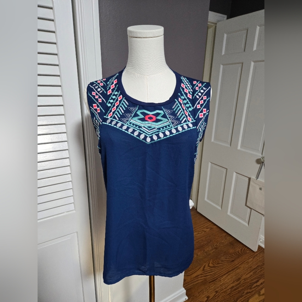 Verty Blue Green Embellished Fitted Sleeveless Tank Top